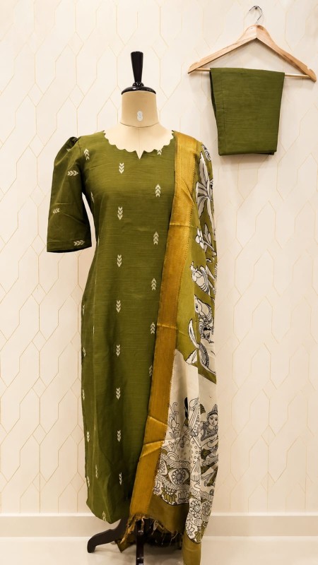 Olive 3- pcs set with Kalamkari Dupatta