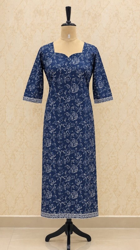Navy Blue Kalamkari Floral Printed Kurta