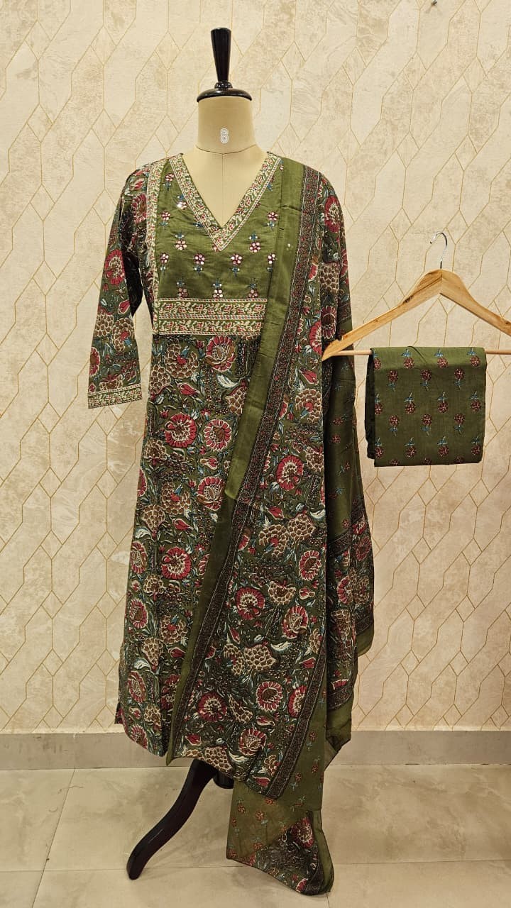 Olive Green Floral Printed Cotton Salwar Suit Set with Dupatta