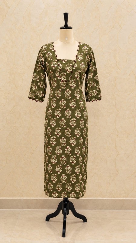 Olive Green Kalamkari Printed Kurti