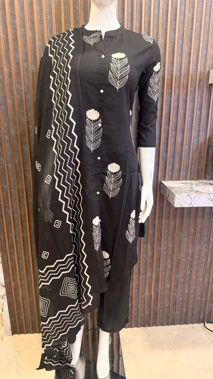 Black Floral Printed Cotton Suit Set with Designer Dupatta