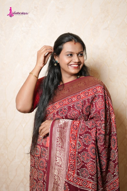 ajrakh print dola silk saree